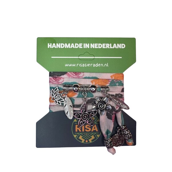 Risa Wikkelarmband Flower  print zalmroze - Zilver | Risa