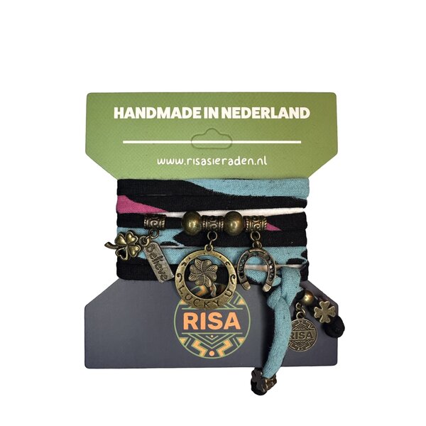 Risa Wikkelarmband Lucky Zwart-Roze-Turquoise - Brons | Risa