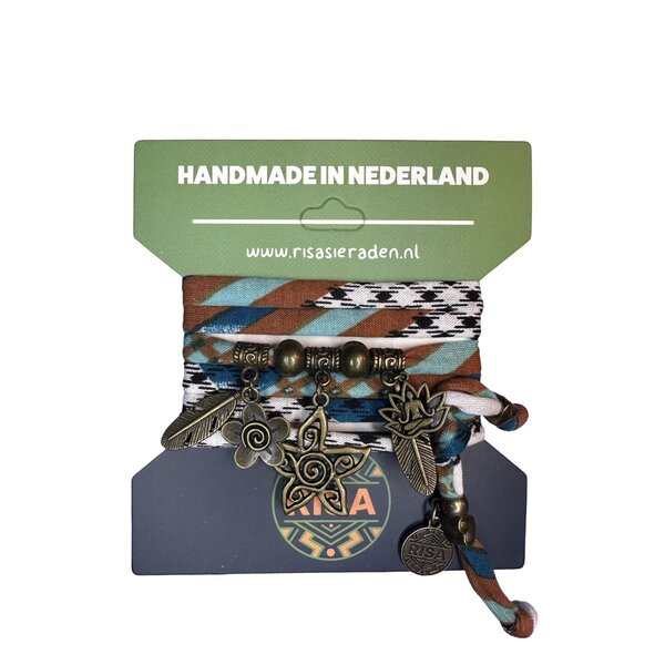 Risa Wikkelarmband Flower wit-zwart-bruin-turquoise - Brons | Risa