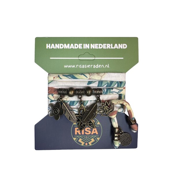 Risa Wikkelarmband Flower bloemprint blauw-bruin-wit - Brons | Risa