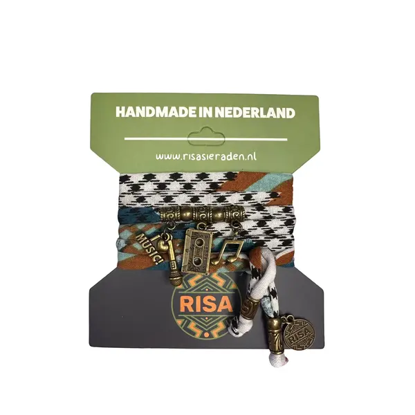 Risa Wikkelarmband Love music retro wit-zwart-bruin-turqouise - Brons | Risa