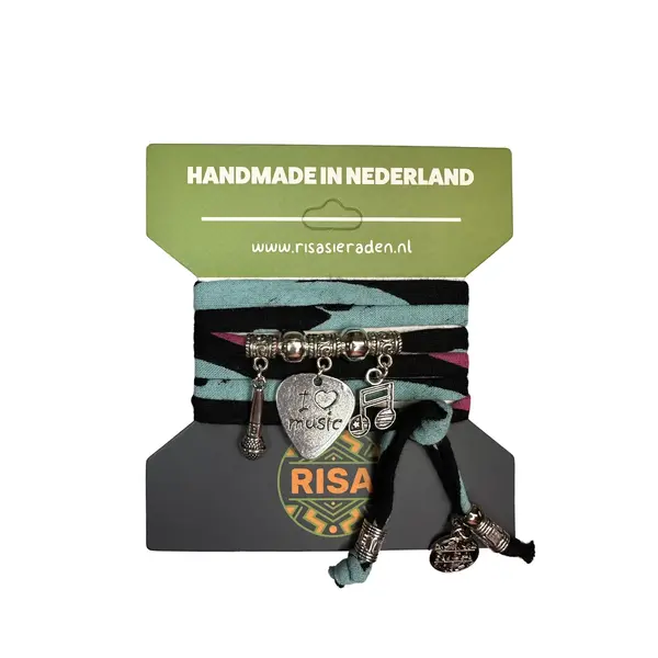 Risa Wikkelarmband Love music Zwart-Roze-Turquoise - Zilver | Risa