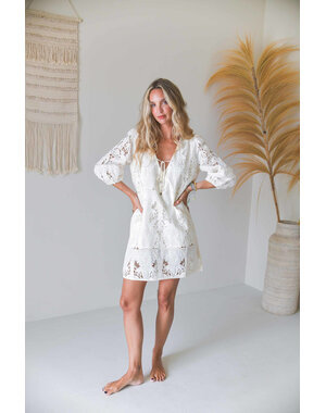 Jaase Korte Jurk Ivory Palm Embroidered Elena