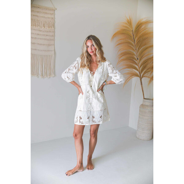 Jaase Korte Jurk Ivory Palm Embroidered Elena | Jaase