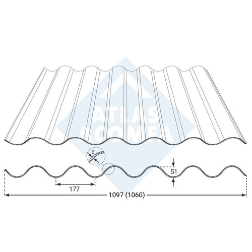 110 x 490 cm  Golfplaat Polycarbonaat Opaal Type F 177/51 Driewandig