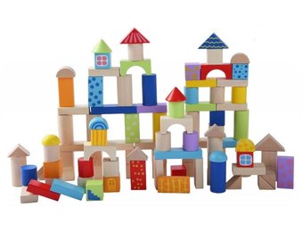 Houten blokkenset met handige emmer en vormsorteerder 100 stuks muti-gekleurd