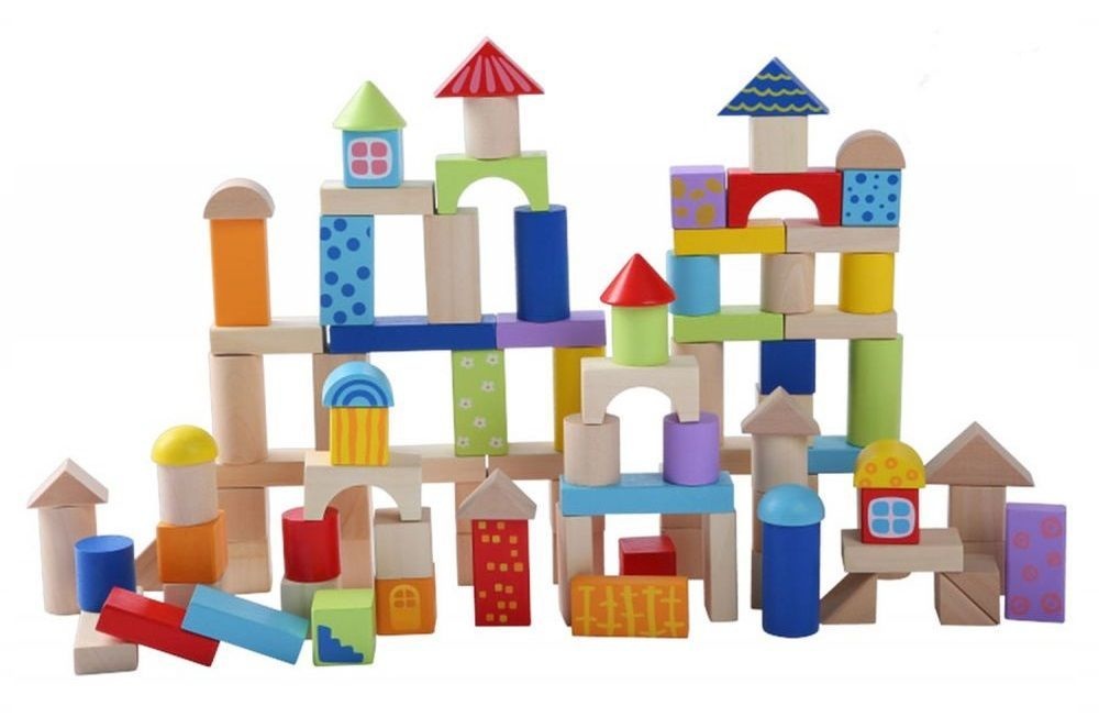 Houten blokkenset met handige emmer en vormsorteerder 100 stuks muti-gekleurd