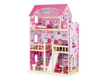 Houten poppenhuis roze met 3 verdiepingen 59x30x90 cm