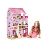 Houten poppenhuis roze met 3 verdiepingen 59x30x90 cm