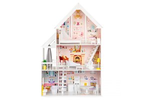 Houten poppenhuis wit met roze inclusief 15 meubels 82x30x126 cm