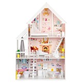 Houten poppenhuis wit met roze inclusief 15 meubels 82x30x126 cm
