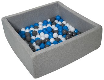 Vierkante ballenbak 90x90 cm met 150 ballen wit, blauw & grijs