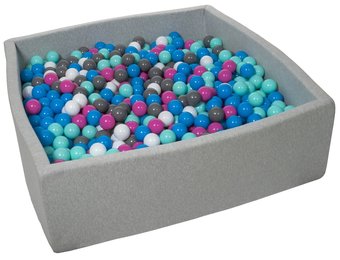Vierkante ballenbak 120x120 cm met 1200 ballen wit, blauw, paars, grijs & turquoise