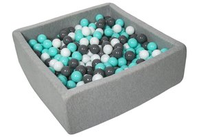 Vierkante ballenbak 90x90 cm met 450 ballen wit, grijs & turquoise
