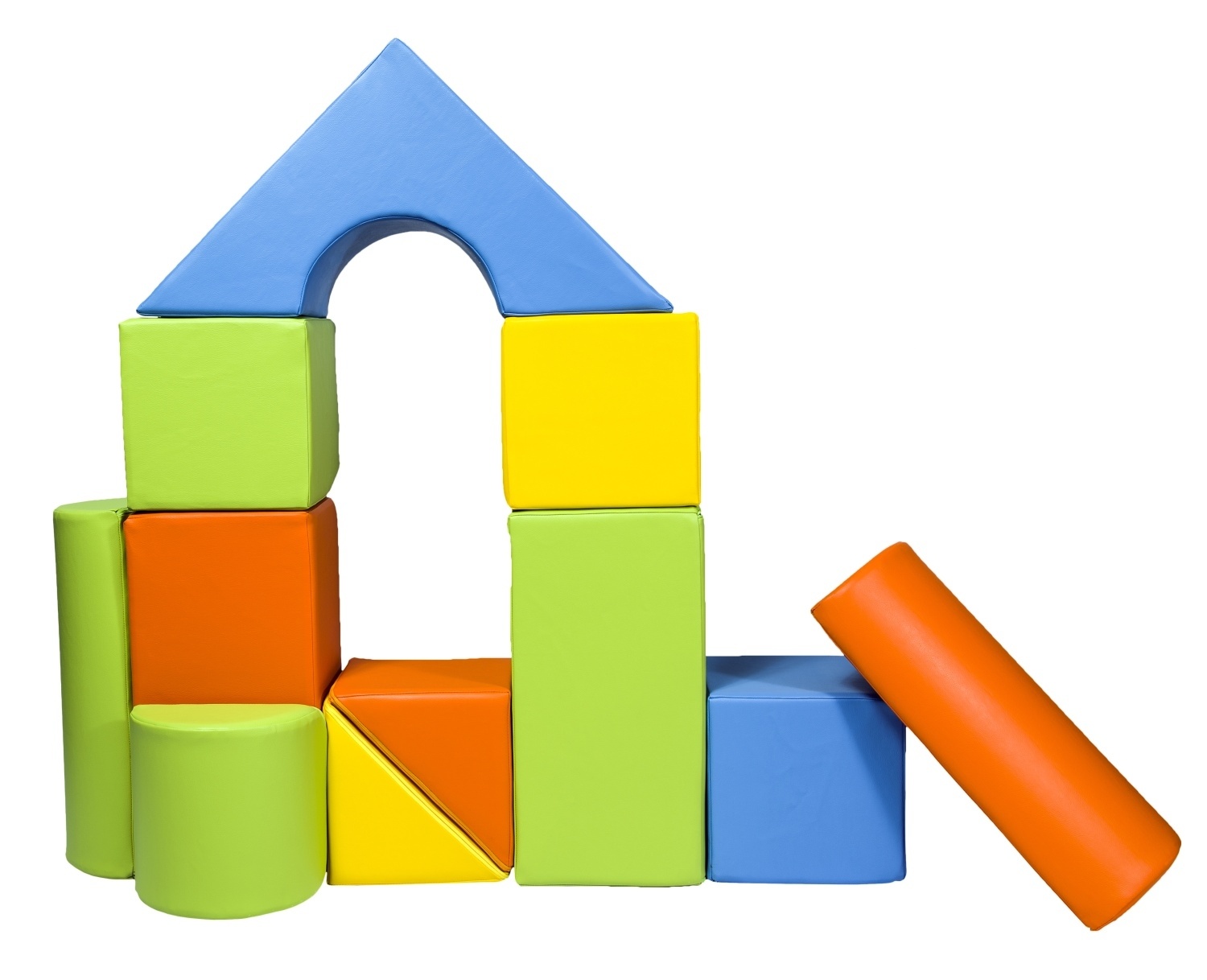 Bouwblokken schuim 11 stuks geel, groen, oranje & licht blauw