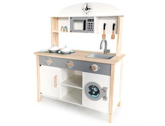 Houten kinderkeuken wit & grijs extra groot 80x30x97 cm met keukengerei