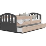 Kinderbed - Houten bed - 180x80 cm - met lattenbodem - met uitschuiflade - grijs hout - met matras