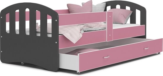 Kinderbed | Houten bed | 140x80cm| met lattenbodem | met uitschuiflade | grijs roze | met matras