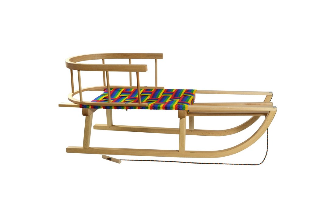 Houten sleden met een rugleuning en een geweven zitting
