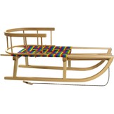 Houten sleden met een rugleuning en een geweven zitting