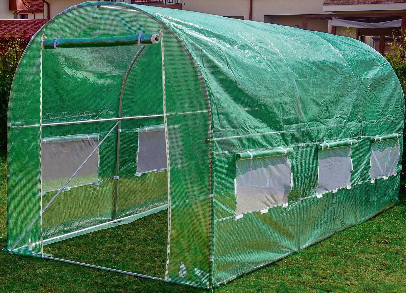 Tuinkas 3x2x2 meter - 6m2 - metalen frame met groene PE-folie - met klamboe ramen