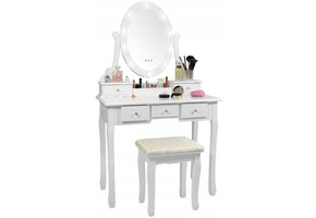 Houten kaptafel wit met LED-verlichte spiegel en krukje - 80x40x137 cm