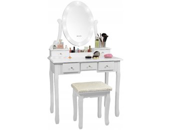 Houten kaptafel wit met LED-verlichte spiegel en krukje - 80x40x137 cm