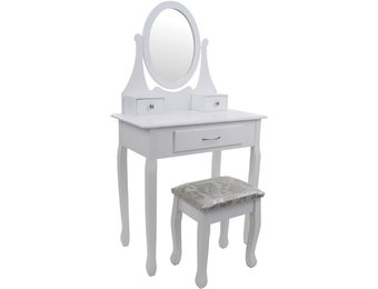 Houten kaptafel wit - met spiegel en bijpassende kruk - 3 lades