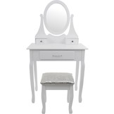 Houten kaptafel wit - met spiegel en bijpassende kruk - 3 lades
