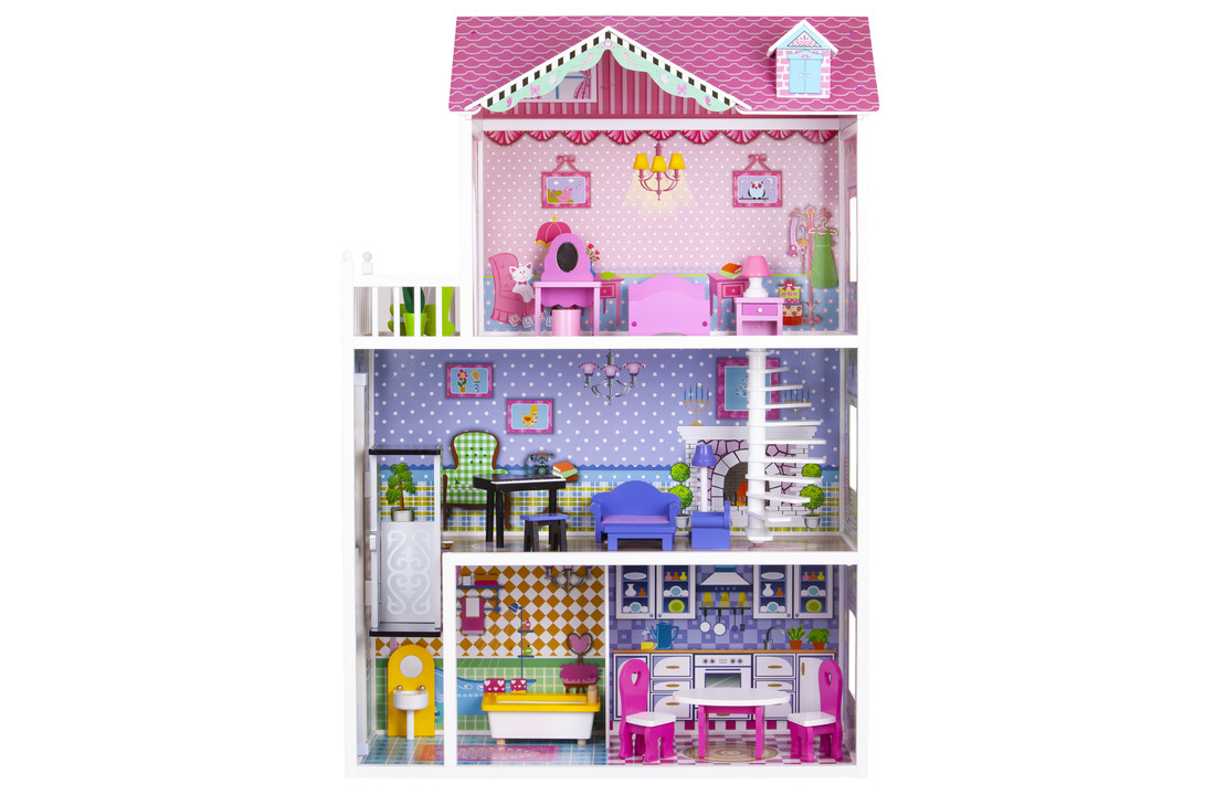 Poppenhuis 3 verdiepingen - met meubels - 84x34x124 cm