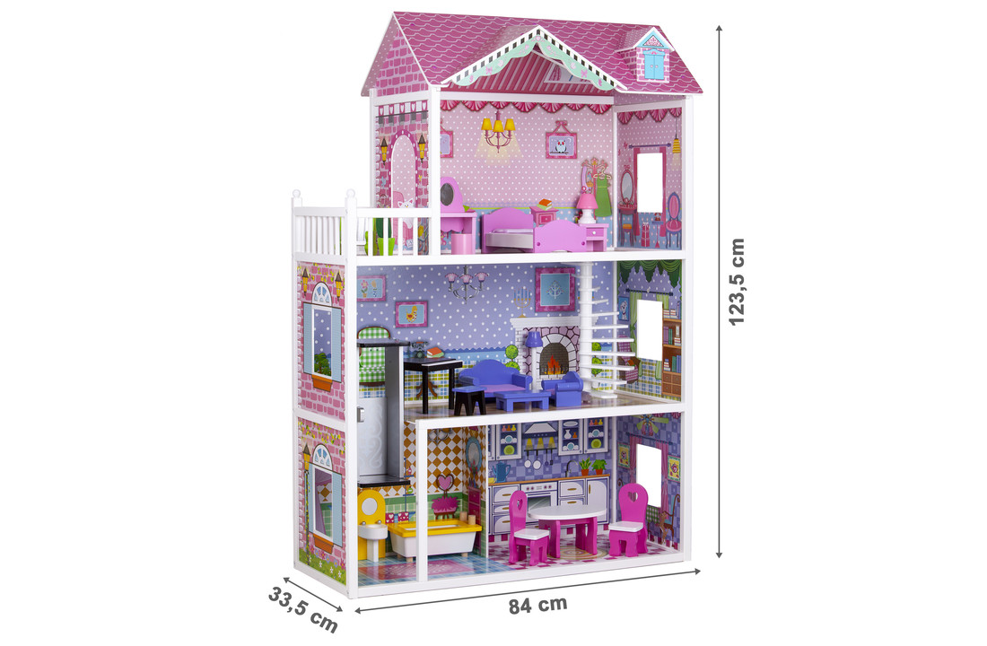 Poppenhuis 3 verdiepingen - met meubels - 84x34x124 cm