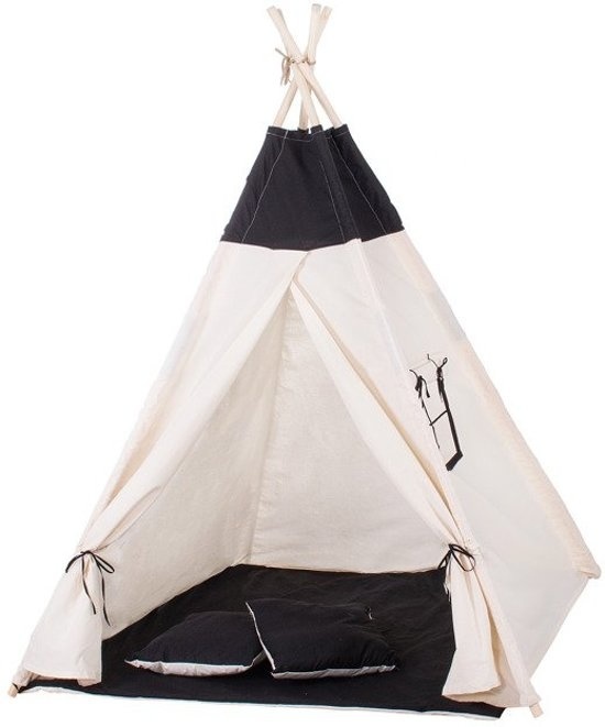 Wigwam tipi teepee tent - speeltent - 4 delig - 100% katoen - Zwart / wit