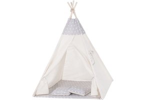 Tipi tent Wigwam beige met grijs 100% katoen H160xB120xD100 cm sterren motief inclusief 2 kussenhoezen