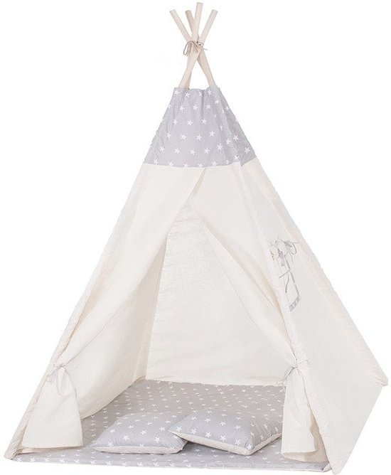 Tipi tent Wigwam beige met grijs 100% katoen H160xB120xD100 cm sterren motief inclusief 2 kussenhoezen