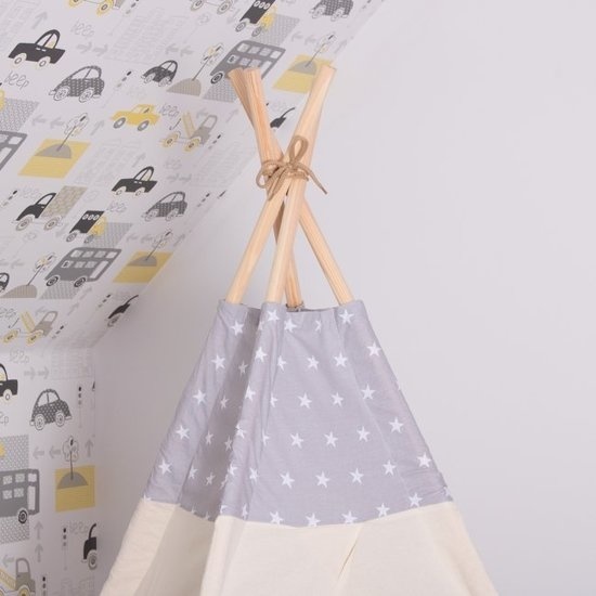 Tipi tent Wigwam beige met grijs 100% katoen H160xB120xD100 cm sterren motief inclusief 2 kussenhoezen