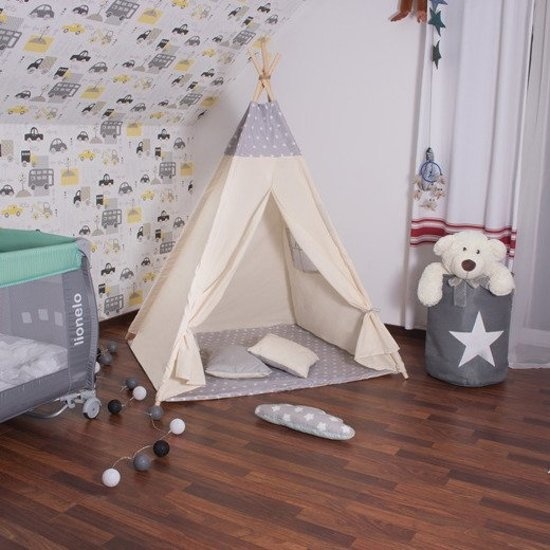 Tipi tent Wigwam beige met grijs 100% katoen H160xB120xD100 cm sterren motief inclusief 2 kussenhoezen