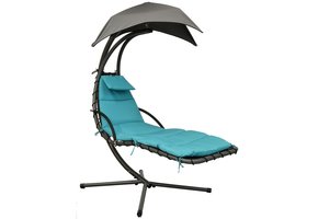 Ligbed tuinstoel met zonnevizier - 190x205x105 cm - turkoois & grijs