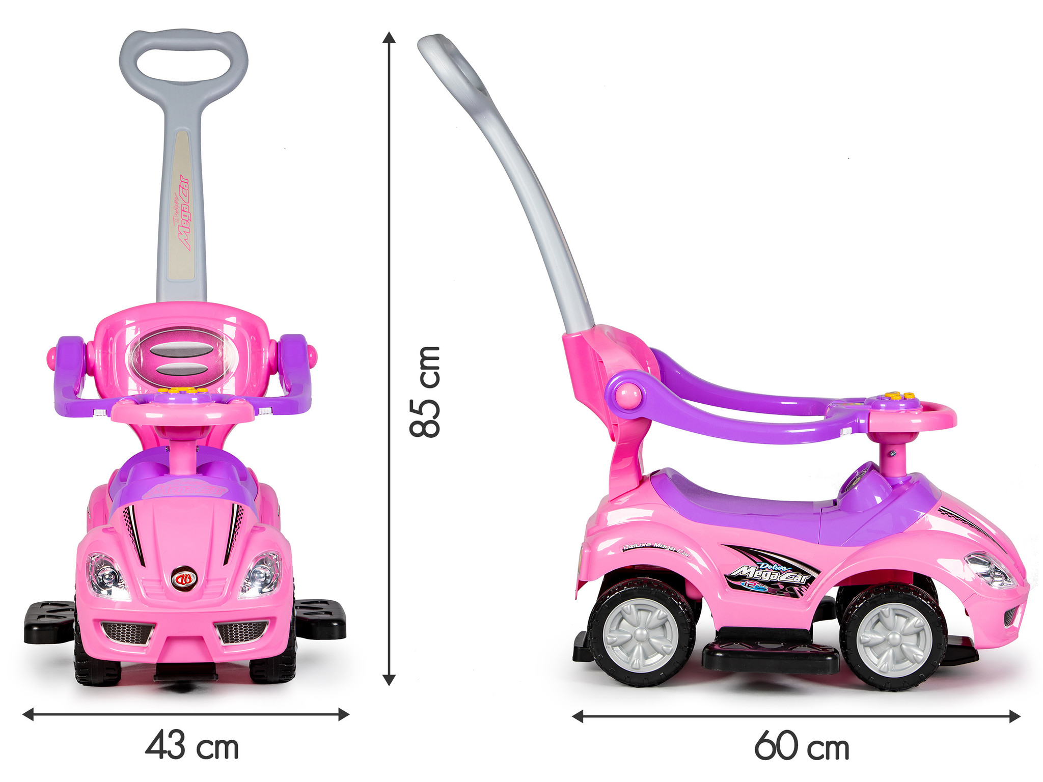 Loopauto 3in1 met muziekpaneel - Roze - Duwwagen