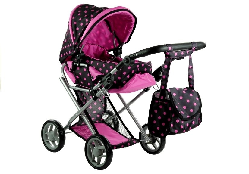 Poppenwagen met accessoires – Zwart met roze stippen - 67 x 36 x 67 cm