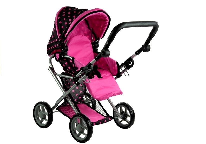 Poppenwagen met accessoires – Zwart met roze stippen - 67 x 36 x 67 cm