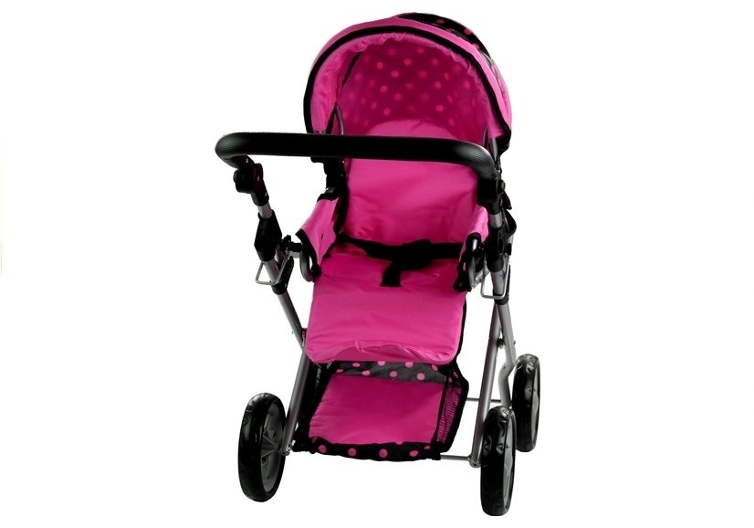 Poppenwagen met accessoires – Zwart met roze stippen - 67 x 36 x 67 cm