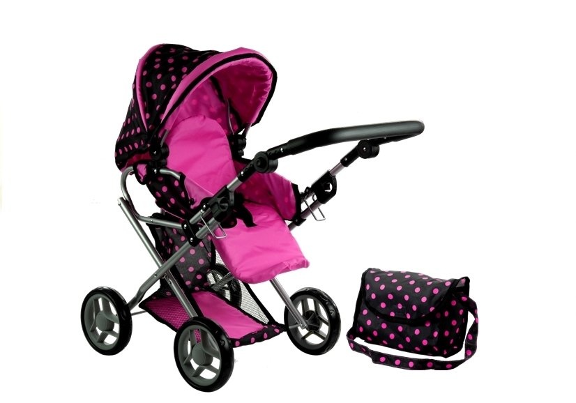 Poppenwagen met accessoires – Zwart met roze stippen - 67 x 36 x 67 cm