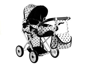 Poppenwagen met accessoires – Wit met zwarte stippen