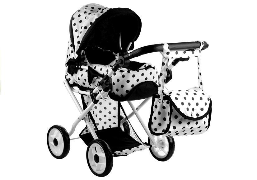 Poppenwagen met accessoires – Wit met zwarte stippen
