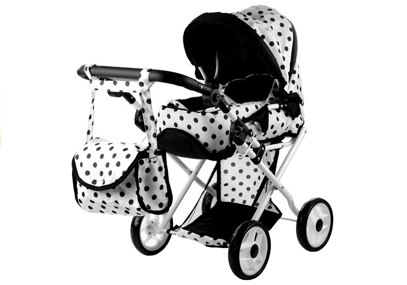 Poppenwagen met accessoires – Wit met zwarte stippen