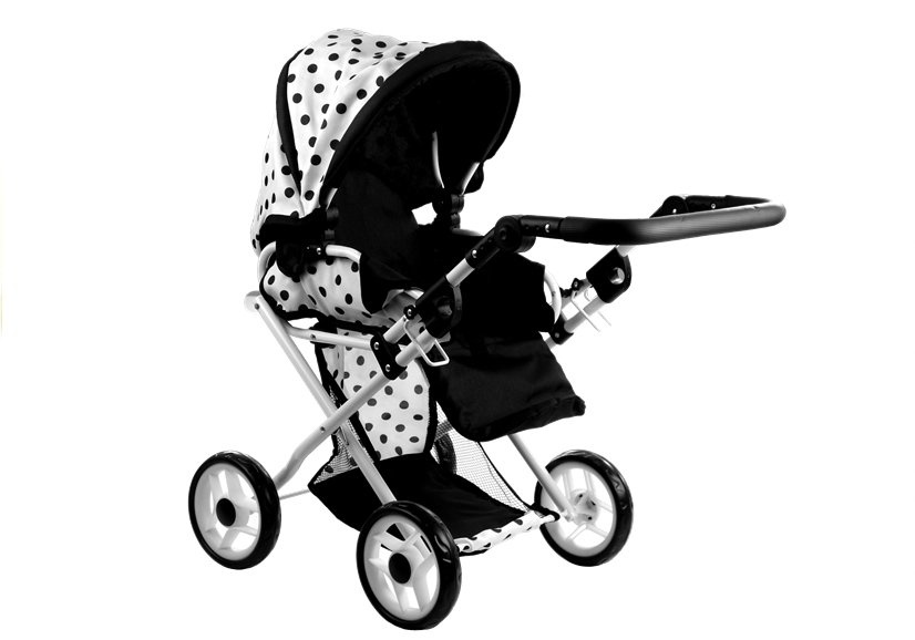 Poppenwagen met accessoires – Wit met zwarte stippen
