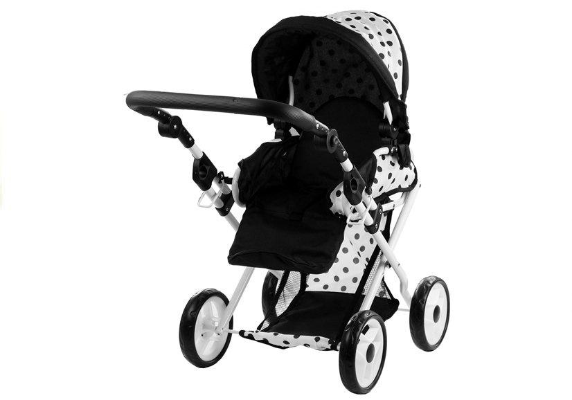 Poppenwagen met accessoires – Wit met zwarte stippen