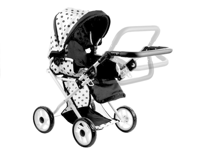 Poppenwagen met accessoires – Wit met zwarte stippen
