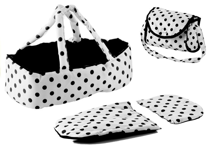 Poppenwagen met accessoires – Wit met zwarte stippen