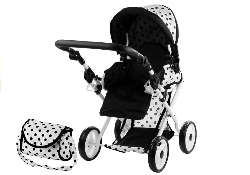 Poppenwagen met accessoires – Wit met zwarte stippen